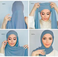 Eşarplar Müslüman Kadın Şifon Hicab ile Kapak Bonnet Anında Pinles Şal Baş Kabuk Kapakları Kapak Headwrap