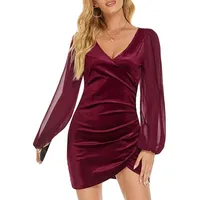 Casual Dresses Women's Solid Color Velvet Dress Mesh Sheer Long Sleeve V Neck Bodycon Ruched Cocktail Party Mini