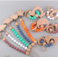 Newborn baby Pacifier Clip Chain Wooden Teether Silicone Beads Bracelet 2Pcs Set Toddler Infant Animal Dinosaur Star Flower Bird Clouds Nipple Clips Holders