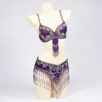 Scenkläder metalliskt ljud tinkle kvinnor orientalisk stil paljetter pärlstav bh och bälte 2st rhinestones klockor magdansdräkt set med