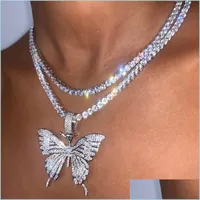 Pendant Necklaces Statment Big Butterfly Pendant Necklace Hip Hop Iced Out Rhinestone Chain For Women Bling Tennis Crystal Animal Cho Dhpou