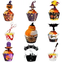 الإمدادات الاحتفالية Halloween Cupcake Toppers Wrappers Web Pumpkin Cake Decorations Ghost Bat Witch Bake Party Supplie