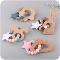 Baby Pacificier Clip Chain Wooden Teether Silicone Beads Bracelet Toddler Animal Animal Girafe Elephant Clouds Kids Chew Toys