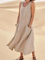 드레스 로브 d 'etet sans manches en coton et lin pour femmes tenue de plage col rond couleur unie poches 빈티지