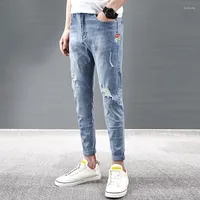 Men's Jeans Spring Summer Korean Cowboy Denim Man's Elastic Small Feet Ripped Holes Casual Ankle Length Pants Men's Hombre