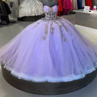 Lilac laceball elbisesi quinceanera elbiseler 2023 askısız 3d çiçek artı boyutunda Meksika tatlı 16 elbise vestidos de 15 anos