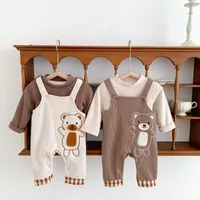 Jackets 3891C Ins Korean Baby Clothes Cute Bear Plus Velvet Bib Pants 2022 Autumn Winter Soft Boy&#39;s Casual Loose Waffle Or T Shirt