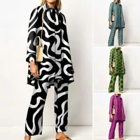 여자 2 피스 바지 2pcs/set contrast 색상 인쇄 옷깃 여자 셔츠 세트 긴 슬리브 웨이브 패턴 넓은 다리 레이디 복장 매일 착용
