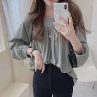 Women&#039;s Blouses Ladies Tops Korean Style Square Collar Shirts Spring Long Sleeve Loose Chiffon Solid Apricot