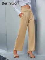 Capris BerryGo Autumn winter hollow out straight pants women High wasit wide leg long pants female Solid pocket trousers 2021 new
