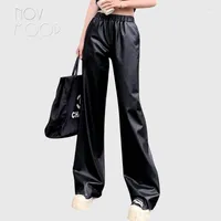 Kadın Pantolon Novmoop Koyun Derisi Orijinal Deri Kadınlar Uzun Geniş Bacak Açılış Gevşek Elastik Bel Bandı Pantalons EN CUIR LT3551