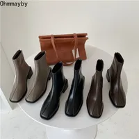 Boots Ankle For Women Casual Zipper Square Heels Fashion Grey Black Brown Short Booties Spring Autumn Ladies Shoes 221010