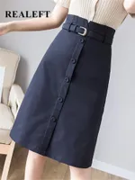 Skirts REALEFT 2022 New Spring Summer Work Wear Single Breasted Women Midi Skirts with Belt Korean OL Style High Waist A-Line Skirts