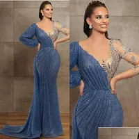 Gece elbiseleri 2022 yeni mavi gece elbise mücevher boyun boncuklu dizginli uzun kollu denizkızı balo balığı elbise treni bride damat dhjzo