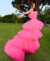 Mode Fuchsia High Low Evening Prom Dress Style Celebrity Style 2022 Babliers à plusieurs niveaux Ruffles Tulle Femmes Forme Robes de fête Robes De Sobree Vestidos Gala