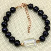 Strand Charms for Women Natural Black Freshwater Cultured Pearl 9-10mm ronde kralen Bangle sieraden 7,5 inch B2912