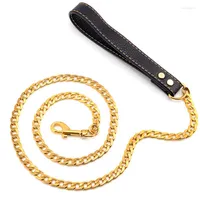 Dog Collars Pet Stainless Steel Leash Training Golden Heavy Duty Anti-chew Chain Leather Handle