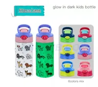 Armazém local de 12 onças de sublimação copos com canudinho reto brilham na garrafa de água das crianças escuras com flip na parte superior de aço inoxidável garrafa de alimentação