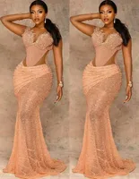 2023 Plus Size Arabic Aso Ebi Mermaid Gold Lace Prom Dresses Sheer Neck pärlor Evening Formal Party Second Reception klänning klänning