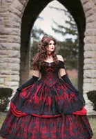 Bröllopsklänning Princess Lolita Long Vintage Corset Black and Red A-Line Strapless Tiered Beauty Off Shoulder Dresses for Women