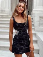 Robes d￩contract￩es jacuqueline 2022 une ligne mini-soir￩e de f￪te robe femme sexy noire creux de tweed perle sans manches ￩l￩gant