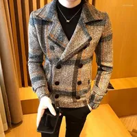 Vestes pour hommes manteau en laine coréen slim plaid épaissis de combinaison courte de la veste britannique des hommes mâles de veste britannique