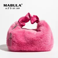 Bolsas de noite Mabula Moda Mulheres Faux Fur Bag Ruched Handbag Small fofo bolsa sólida para meninas mini crossbody with Chain