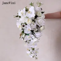 Wedding Flowers JaneVini 2022 Elegant White Bridal Waterfall Bouquets Phalaenopsis Orchid Cascading Artificial Silk Roses Bouquet Boho