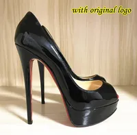 Dise￱ador zapatos de tac￳n alto para mujeres Sandalias de dedos de los pies de 14 cm Bott￭metro rojo negro de la patente desnuda del zapato de luxer￭a Bombas 35-45 Bolsas de polvo
