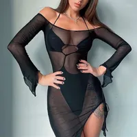 L￤ssige Kleider omsj sexy Sommer Beach Cover ups f￼r Frauen schwarzes transparentes Netz von Schulter lang ￄrmel Ruch Drawess unregelm￤￟iger Schlitz Mini