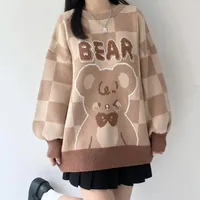 Women&#039;s Hoodies Autumn Winter Bear Jacquard Round Neck Loose Retro Cute Soft Girl Sweater Female Student Korean Knitted Pullovers Jacket