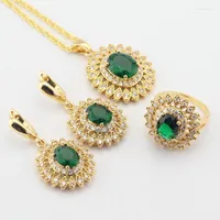Brincos de decote Conjunto WPAITKYS cor de ouro para mulheres Verde Created Emerald White CZ Pingente Rings Free Gift Box