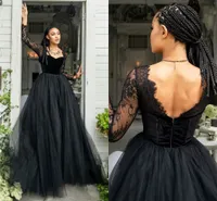 Modern Black Velvet Uma linha Vestidos de noiva 2023 com mangas compridas
