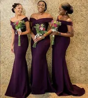 Regency African Off the Shoulder Satin Long Bridesmaid Dresses Ruched Sweep Train Wedding Guest Maid of Honor Dresses