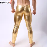 Мужские брюки Мотоцикл PU кожа Men Men Brand Skiny Shiny Gold Metallic Bunders Night Club Stage для певцов