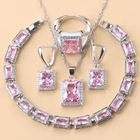Halsbandörhängen set 925 Mark Lady Pink Zircon Fashion Jewelry 2022 Hela försäljningsarmband Bangle and Ring Set for Women Costume