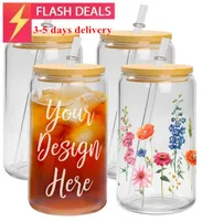 US Warehouse 16oz Sublimation Glass Tumblers Beer Frosted Clay Clear Cansを竹のふたと再利用可能なストロー2日配達b1013