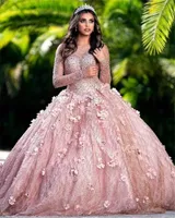Сияние блесток розового золота платья quinceanera 3d цветочные аппликации с длинным рукавом с длинным рукавом для шнурки шнурки Sweetly Sweet 16 Play Party Wear 2023