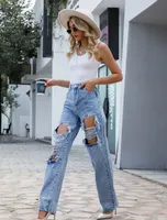 Jeans dritti strappato jeans femminile senza stress taglio di denim pantaloni di moda 123