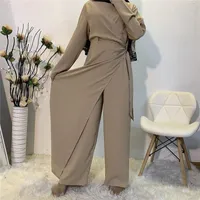 Nida Jumpsuit Robe Tie Taist Pantalon de jambe Attachet Slit Jupe Musulmane Femmes Suisse Islamic Duba￯ Turquie Fashion Elegant Ethnic Clothing 00UZ # #
