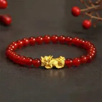 Bangle Miqiao Pure 24K 999 Gold Pixiu Garnet Bead Elastic Cord armband voor vrouwen Fijne sieraden Gift Be060 221012
