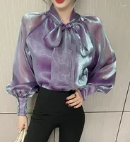 Bluzki damskie Glaze delikatnie streamerowy Streamer Koszulka Top 2022 Spring Nisza Pearl szyfonowa dama luźna muszka bluzka de mujer