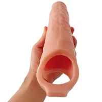 Massager Vibrator Sex Toys 28cm Real Feel Flese Long Wearable Faked Penis Extender Dildo utvidgning Pumpar kuk ring vagina stimulator tjock hylsa