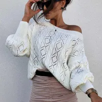 Frauenpullover Boho inspirierte weiße Argyle -Muster Strickpullover Frauen Hohlaushöhle Out Long Sleeve Pullover Streetwear übergroß