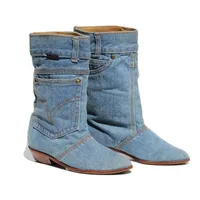 أحذية منخفضة الكعب الكعب غير الرسمي جينز الجينز أزياء جديدة منتصف العجل أحذية مدببة إصبع القدم رعاة البقر الحجم كبير الجمال T220926