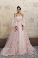 Casual jurken Sweet Girl Birthday Party Pink Mesh Dress Autumn Wear One Word Neck Lantern Sheeves 2022 Women Fashion Clothing