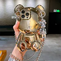 Cell Phone Cases for iPhone 14 Pro Max Case Luxury Electroplated 3D Bear Crossbody Shoulder Chain Strap Cover 13 12 11 14 Plus W221017