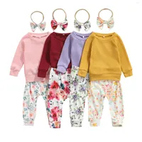 Clothing Sets Infant Baby Girls Waff Plaid Clothes Set Solid Color Long Sleeve O-neck Tops Floral Print Trousers Bow-knot Headband