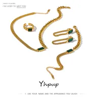 패션 목걸이 YHPUP 18 K 골드 도금 스테인레스 스틸 목걸이 보석 여성 녹색 지르코니아 체인 칼라 금속 수정 석재 Bijoux