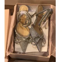 Glitter Rhinestones kadınlar için yüksek topuklu pompalar kristal bowknot saten yüksek topuklu sandaletler 2023 bayanlar yaz ayakkabısı parti balo pençesi artı boyut 34-41